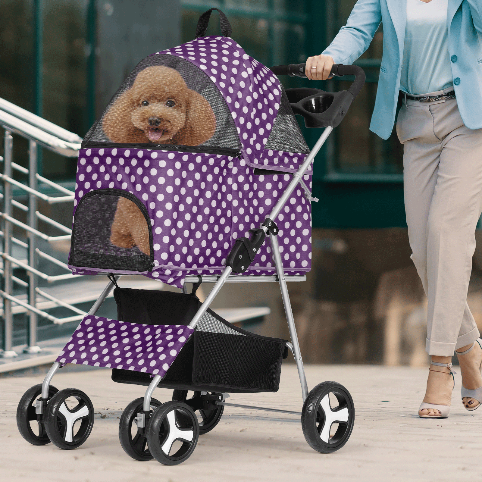 Pet Stroller 4 Wheels,3-in-1 Foldable Dog Stroller w/Storage Basket&Cup Holder