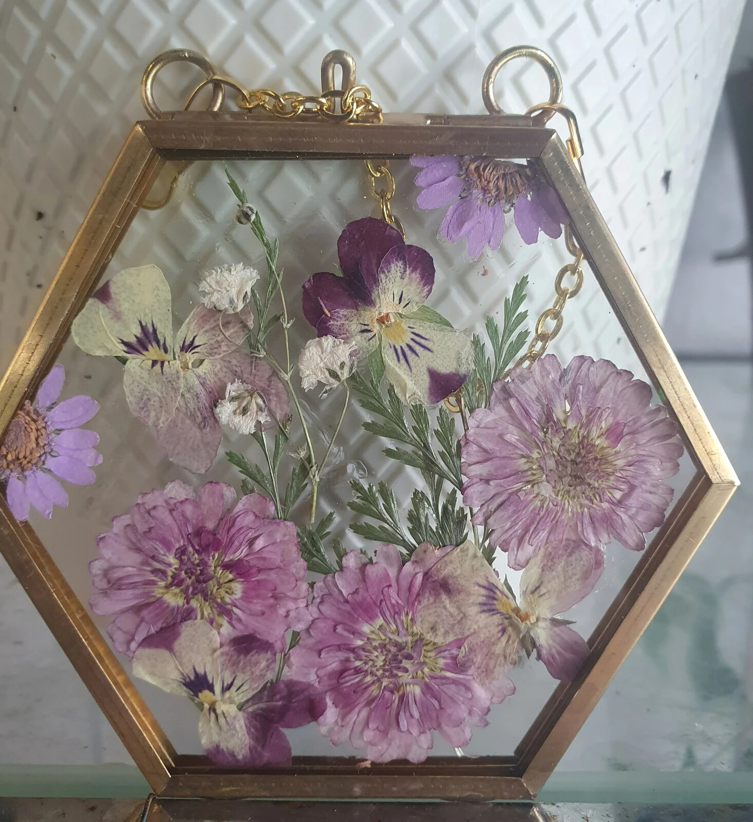 Wall Art Dried Pressed Real Flowers in Glass frame hexagon Handmade