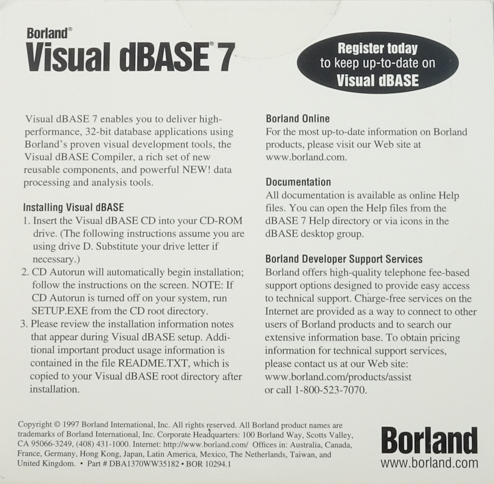 Borland Visual dBase 7 Compiler 32-BIT BOR10294 DBA1370WW35182 NEW