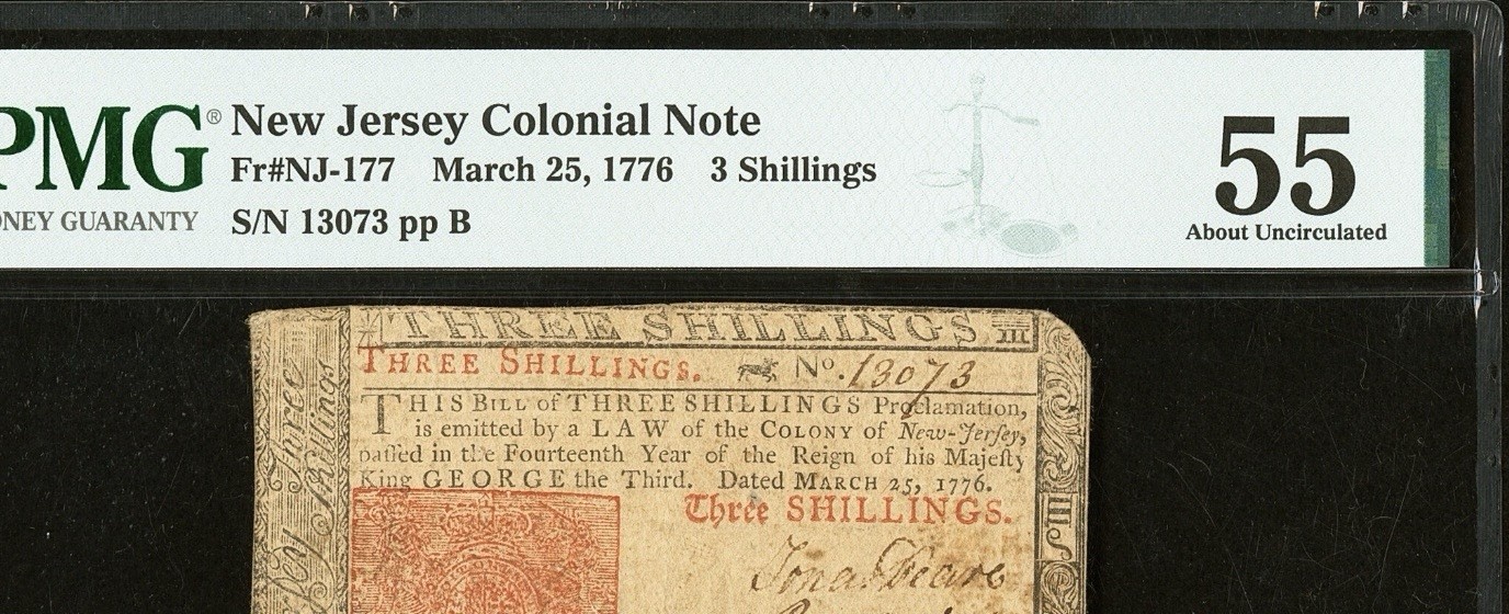 1776 NEW JERSEY Colonial Currency American Revolution Bank Note NJ-177, PMG 55