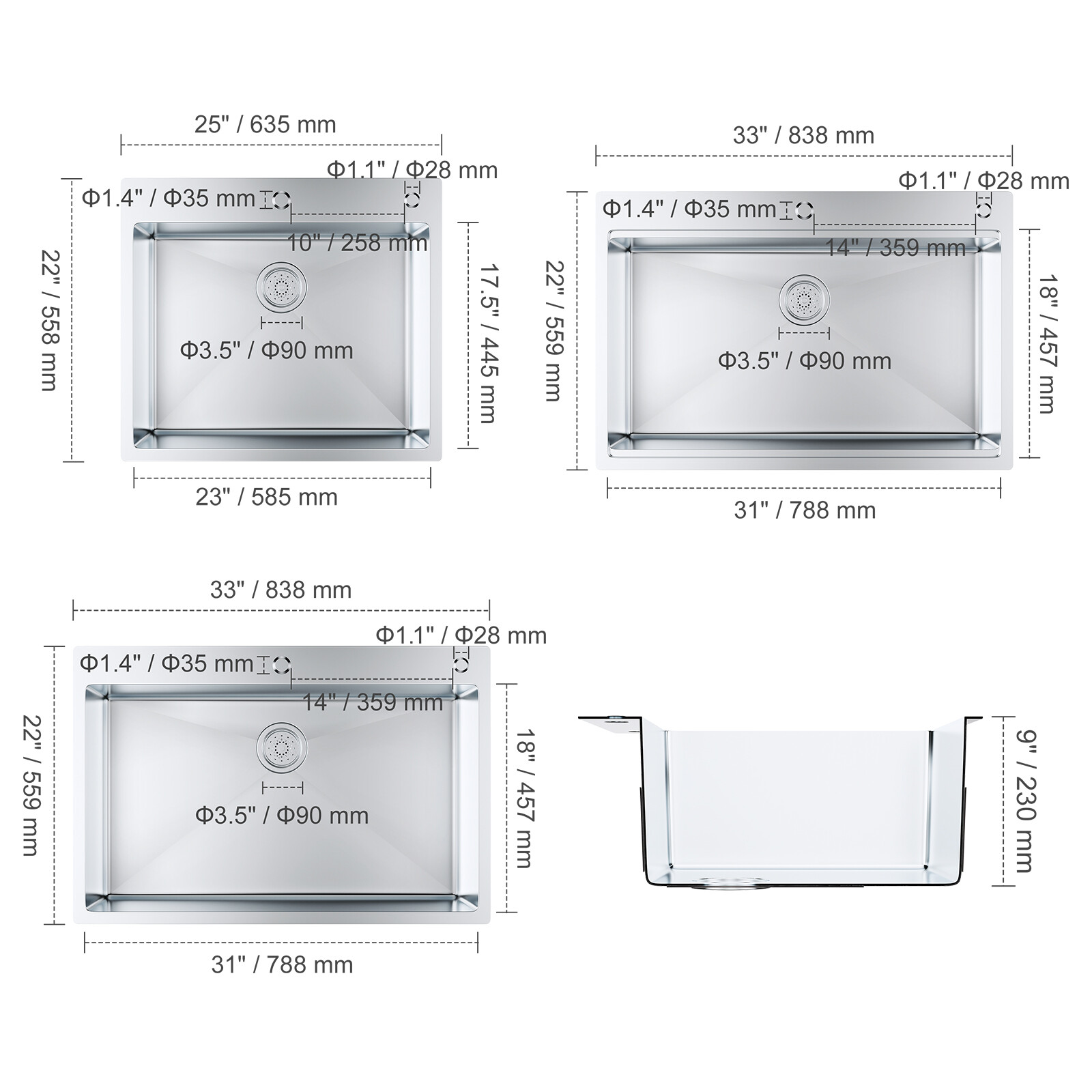 VEVOR 25" / 33" Drop In Kitchen Sink Top Mount Single Bowl Stainless Steel