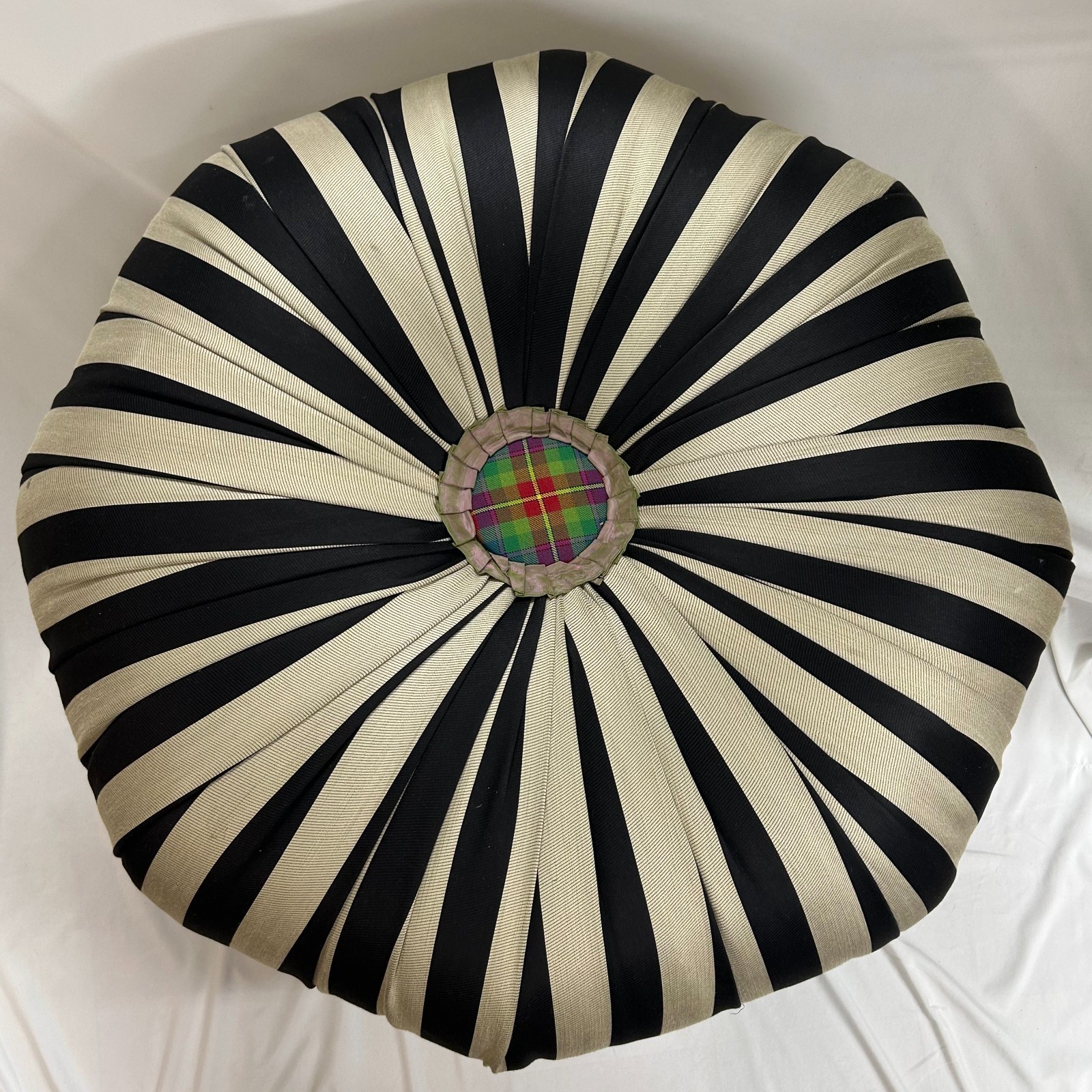 Mackenzie-Childs On Wall Street Ottoman Black & Beige w/Hand Painted Legs - NICE