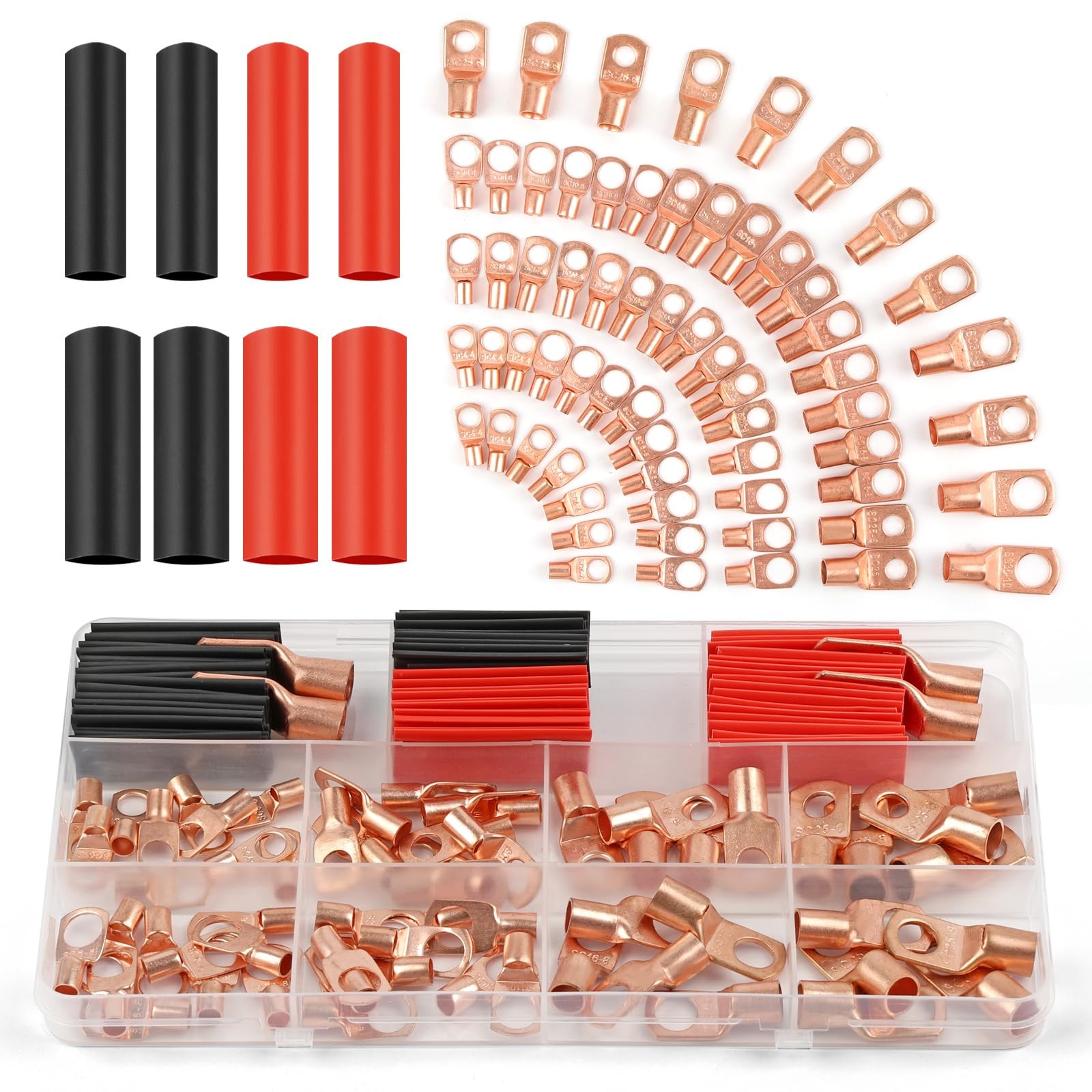 Copper Wire Lugs 130Pcs, AWG 2 4 6 8 10 12 Gauge Battery Cable Ends with 66Pc...