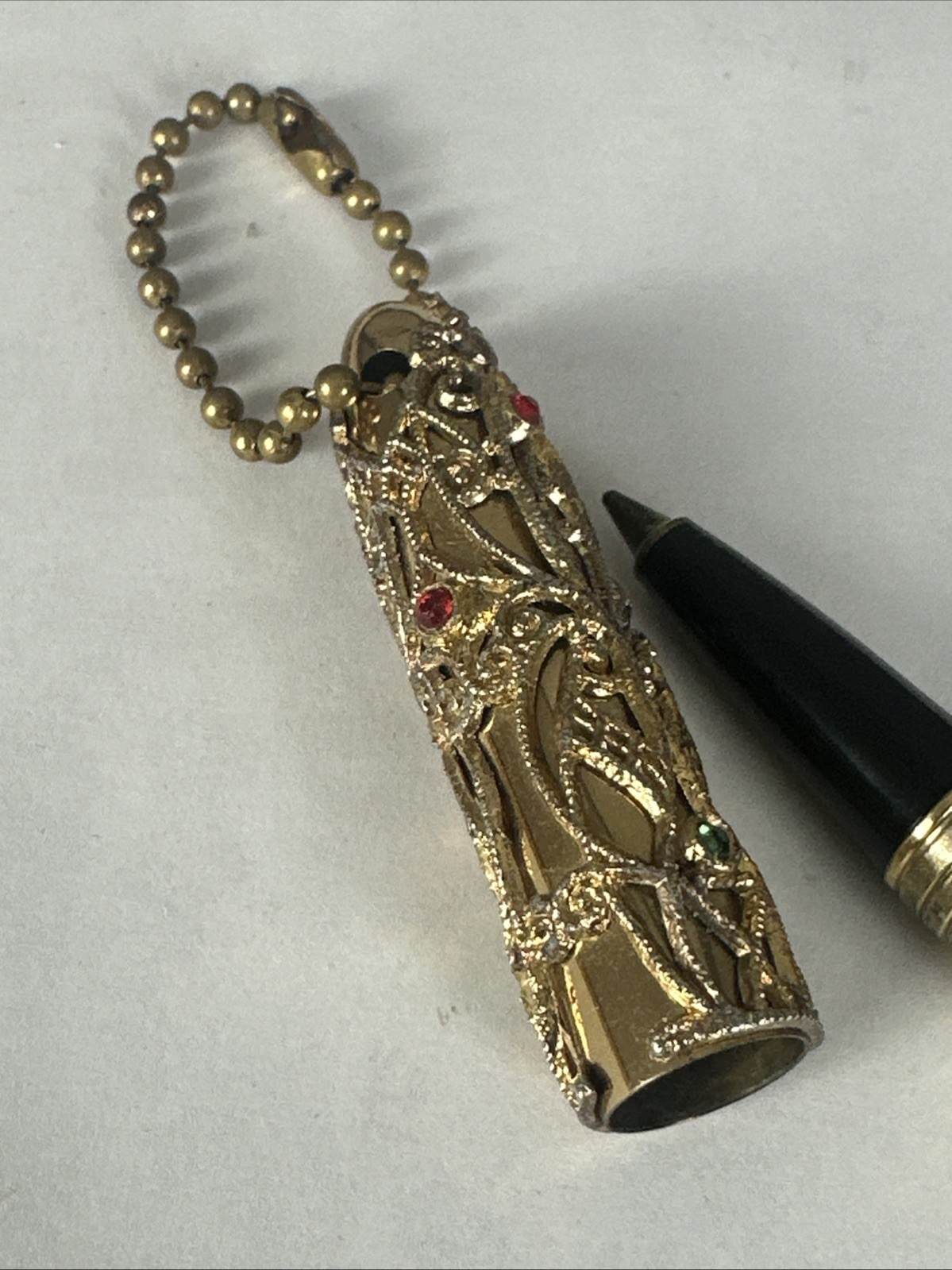 Antique Art Nouveau Ornate Gold Tone Filigree Chatelaine Pen Jeweled Case