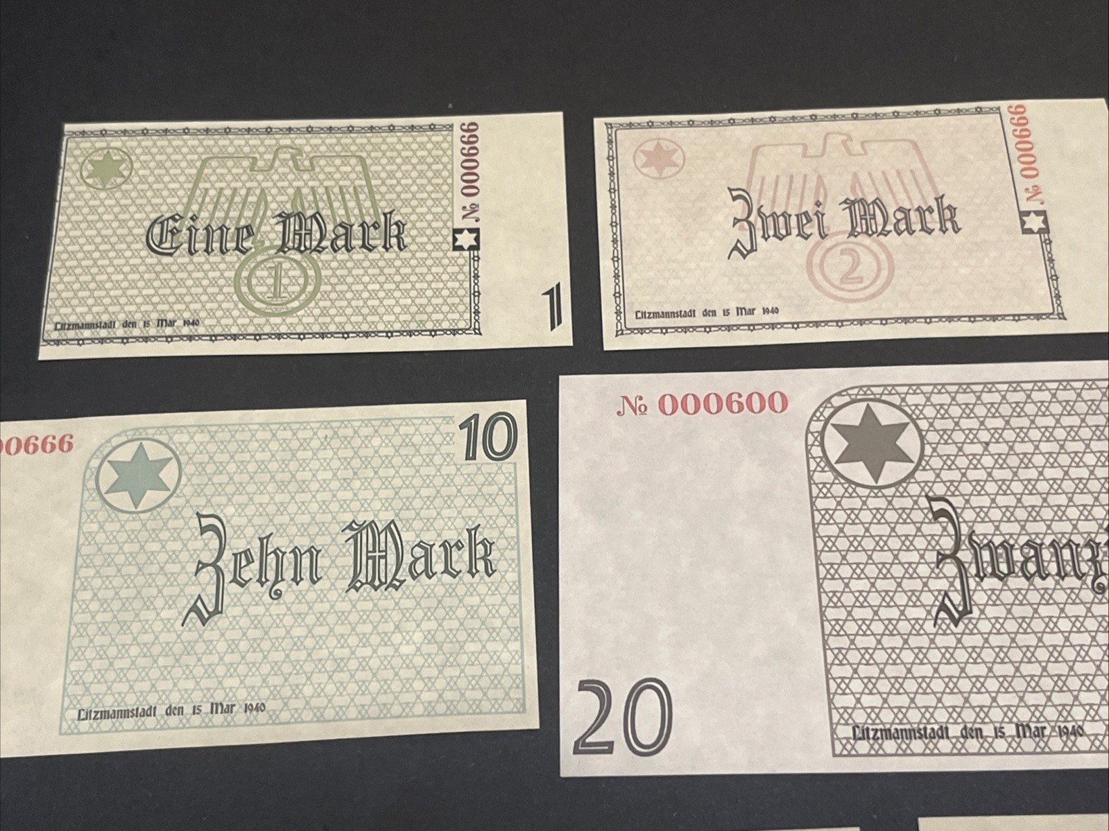 WWII WW2 German Third Reich Jewish Lodz Concentration Camp Banknote Set Notes