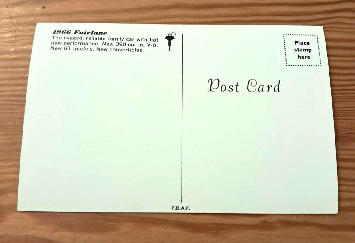 1966 Ford Fairlane Hardtop Dealership Post Card NOS