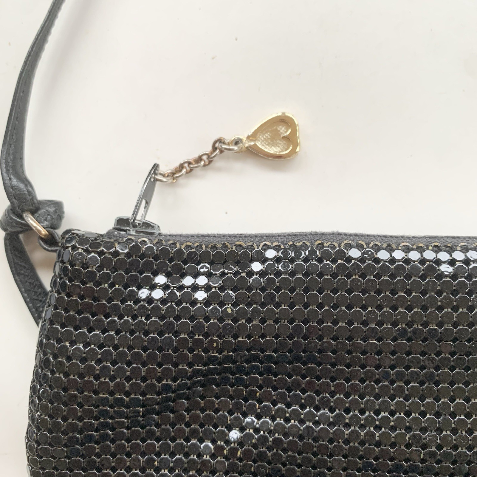 Vintage Whiting & Davis Black Metal Mesh Purse Bag Crossbody 7” Leather Strap