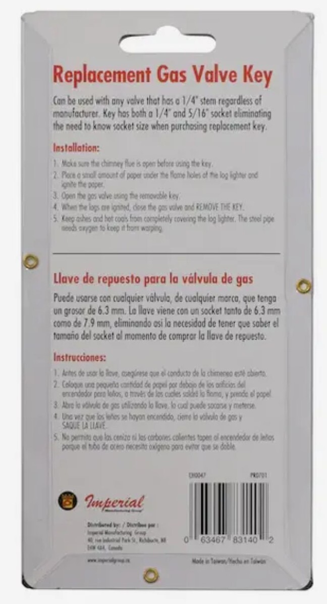 Imperial Universal Flame Fireplace Brass 3" Gas Logs Valve Key 1/4" 5/16" Stem