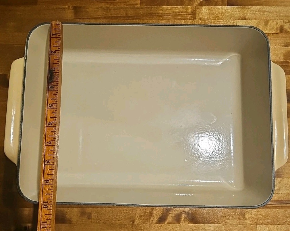 Vintage Cousances France Beige Enameled Cast Iron Roasting Pan 14" x 10"