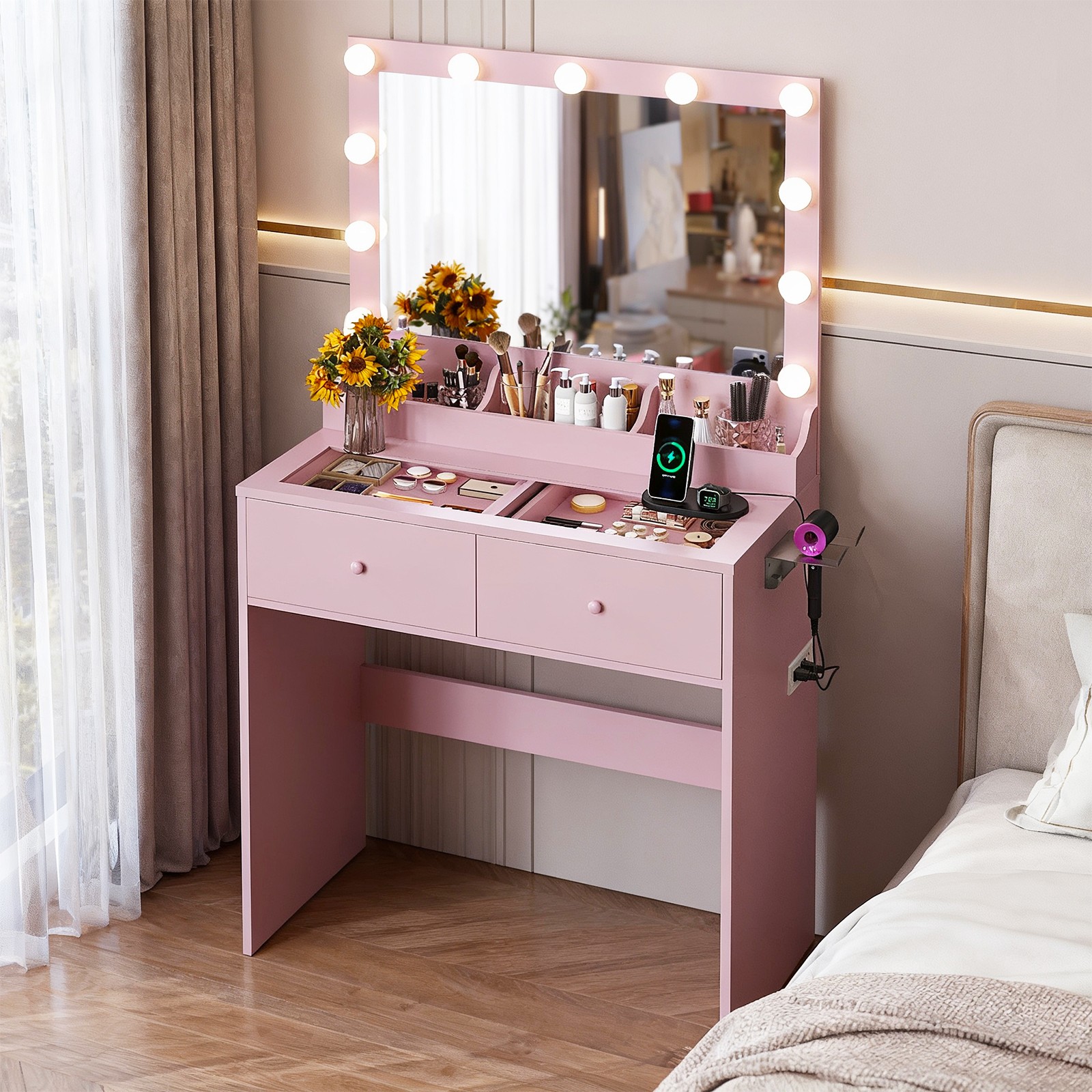 Vanity Makeup Dressing Table Wooden LED Light Mirror and USB Port Xmas Gift