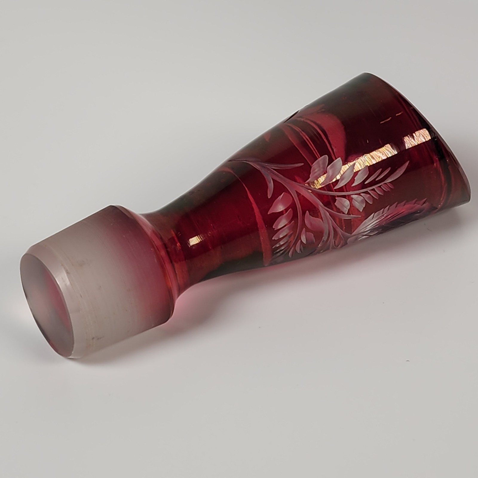 Bohemian Art Glass Ruby Red Liquor Decanter Etched Floral Design Vintage