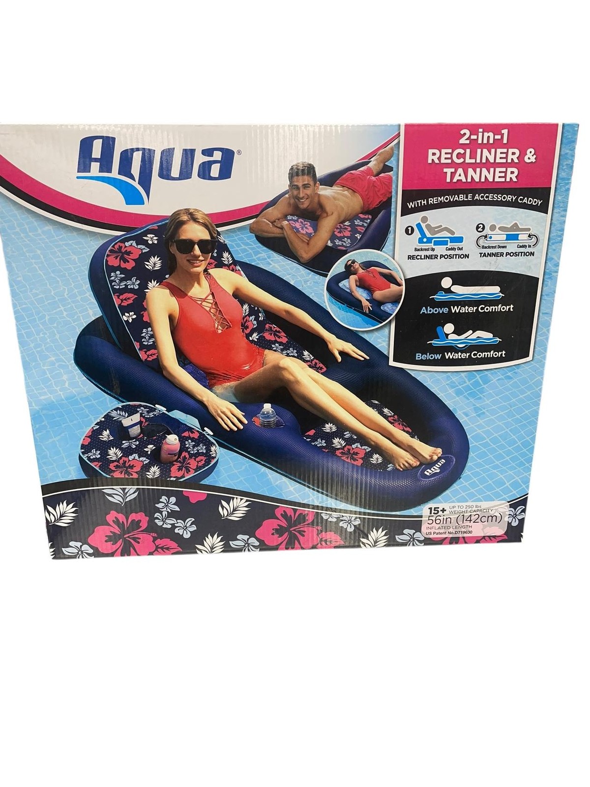 Aqua Campania Ultimate 2-in-1 Pool Recliner Lounge Extra Large Navy Hibiscus