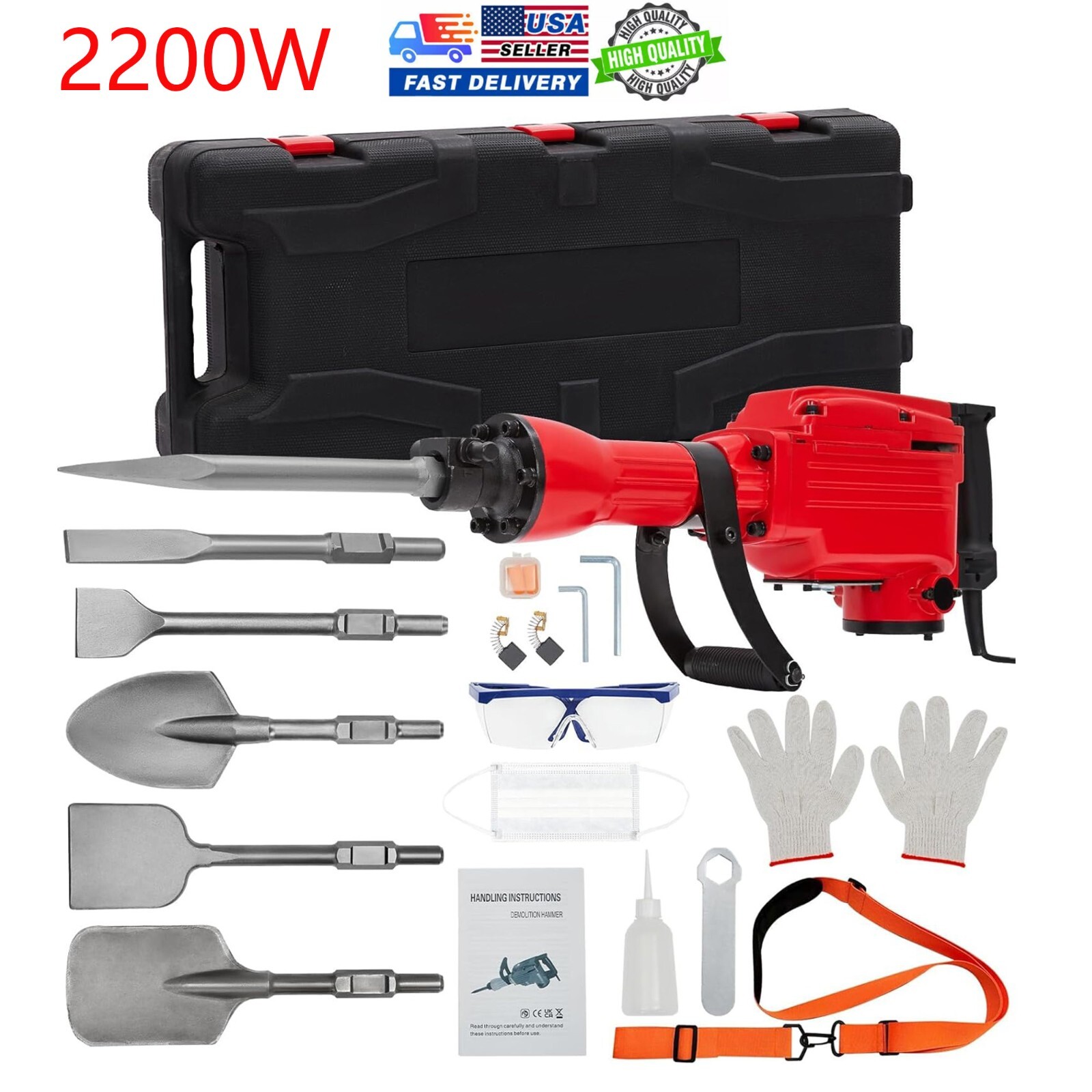 2200W Demolition Jack Hammer Electric Concrete Breaker 1400BPM W/ 6 Chisels Kits
