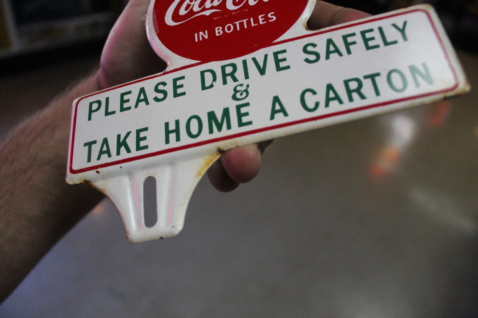 RARE 1950s DRINK COCA COLA DRIVE SAFELY STAMPED PAINTED METAL TOPPER SIGN SODA