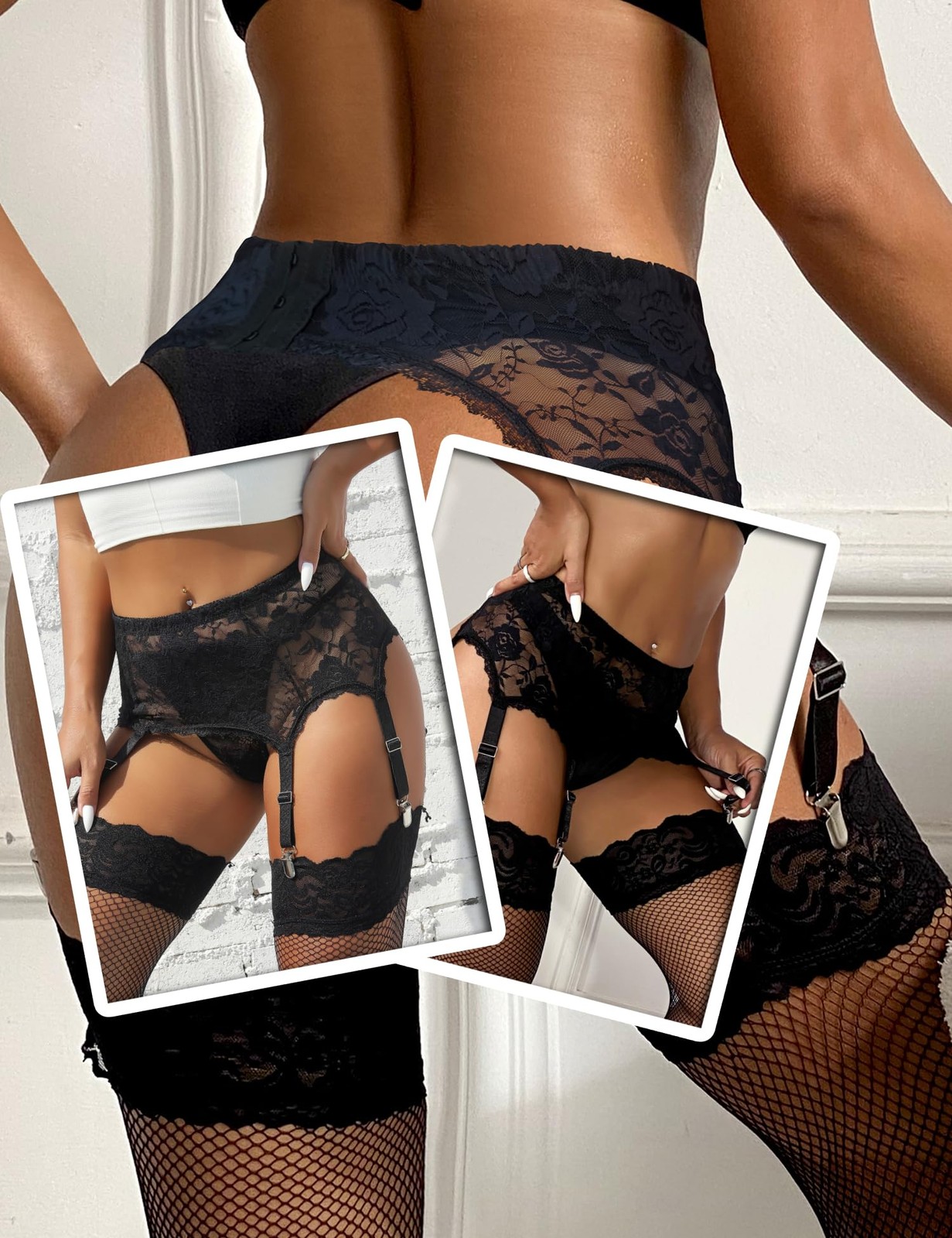 Plus Size 6-Strap Black Lace Garter Belt Sexy Mesh Suspenders Metal Clips Vin...