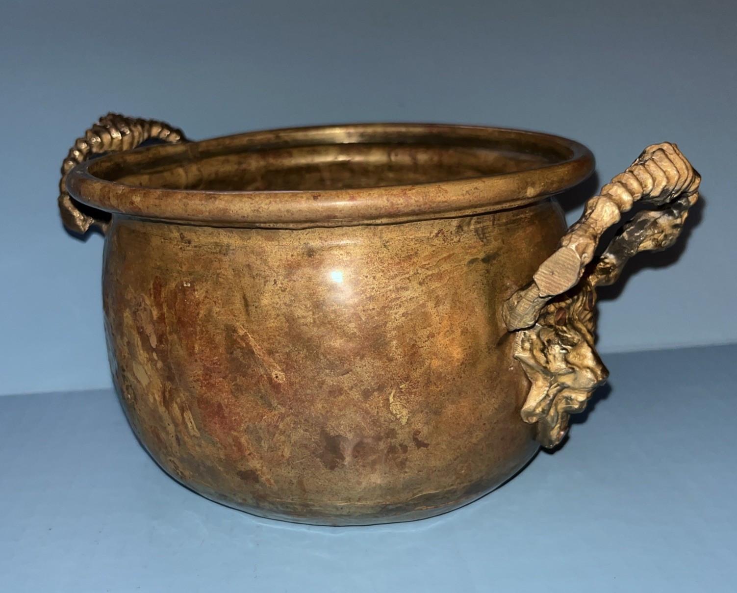 ANTIQUE Brass Planter with Lion Head Handles Round Flower Pot BEAUTIFUL