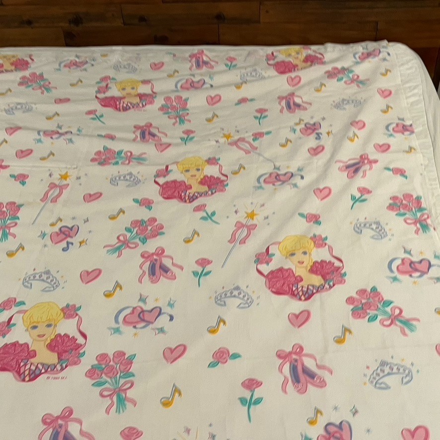 Barbie Flat Bed Sheet VTG 1995 Dan River Pink White Ballerina Twin Size 90x66"