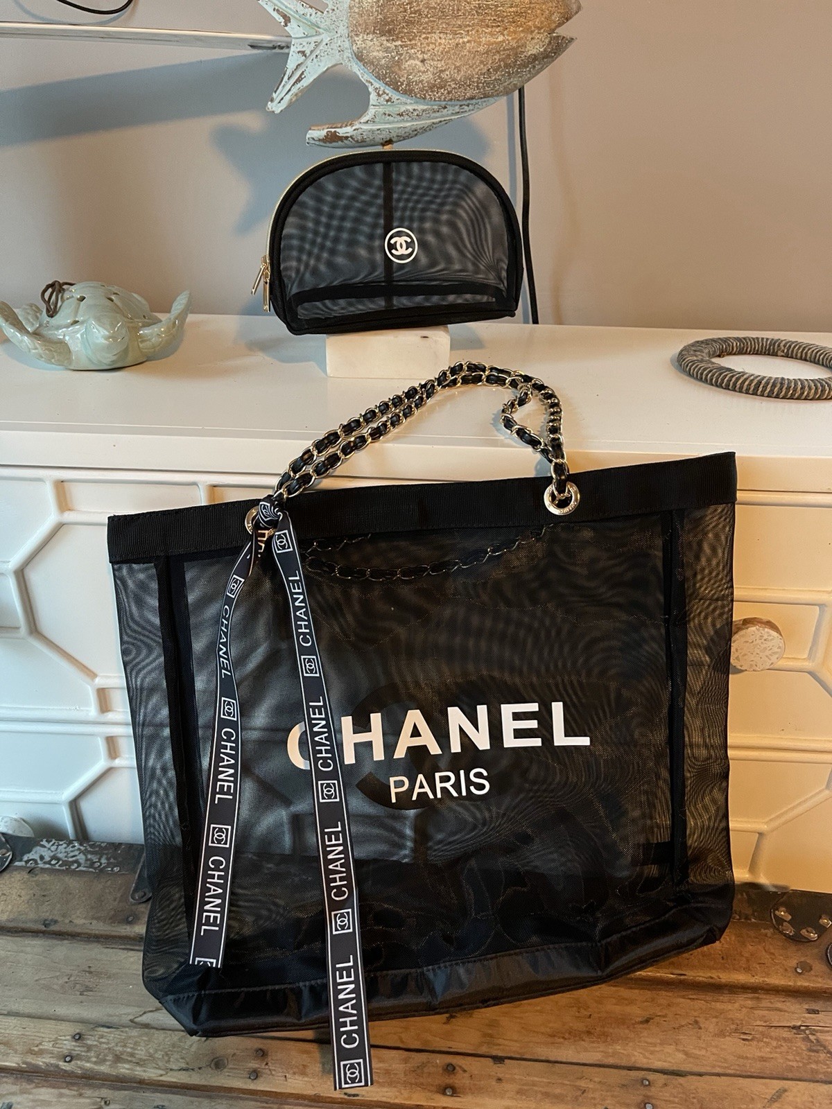 Beauty Mesh Tote Bag Beach Pouch Bag, Case Storage-Black Gold VIP GIFT Novelty