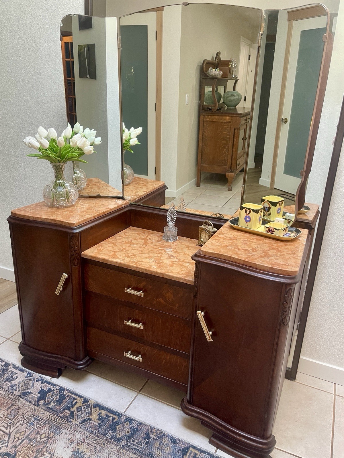 Marble Topped Art Deco Vanity, Dressing Table or Entry Console
