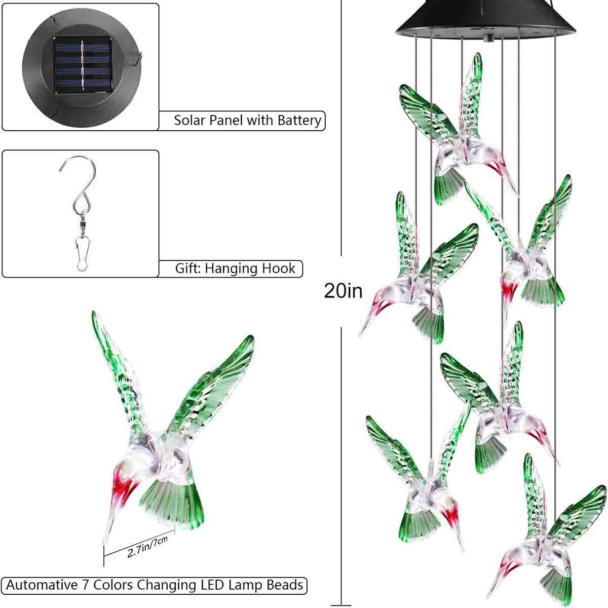 Hummingbird Solar Wind Chimes Color Changing Solar Mobile Lights Waterproof LED