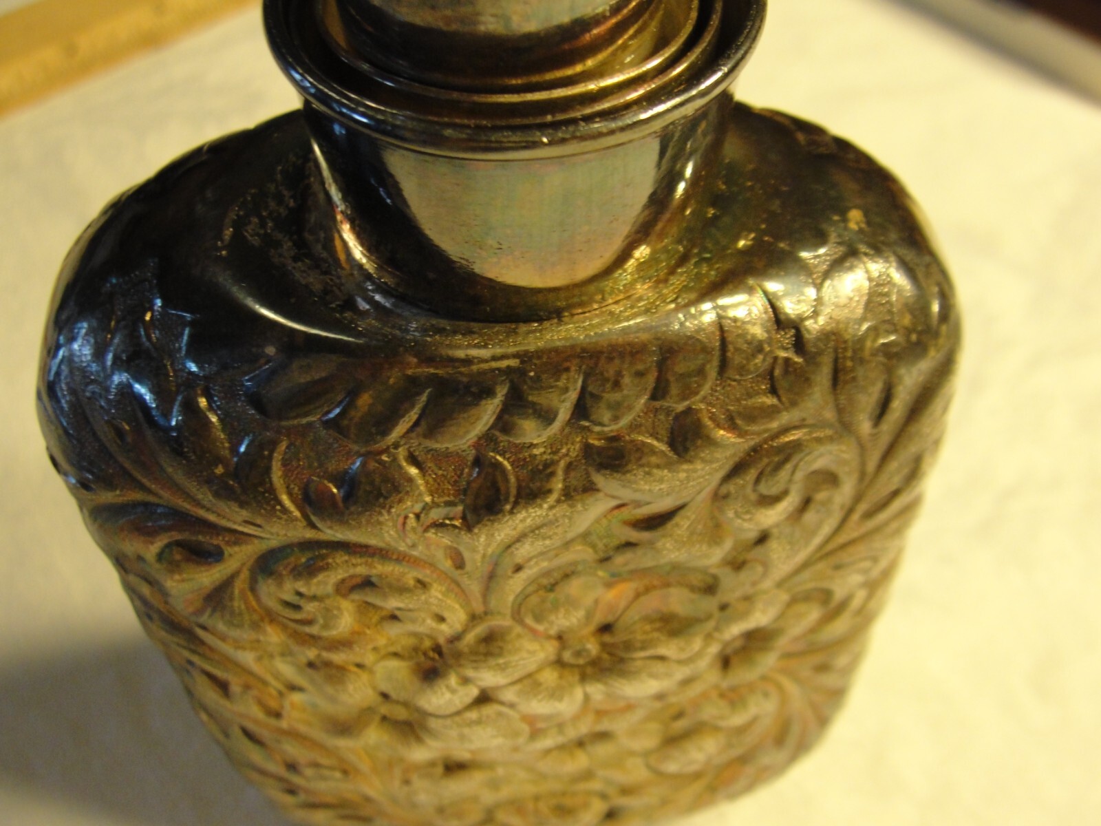 ANTIQUE REPOUSSE SIMPSON HALL MILLER SILVER PLATE FLASK TELESCOPING FUNNEL TOP