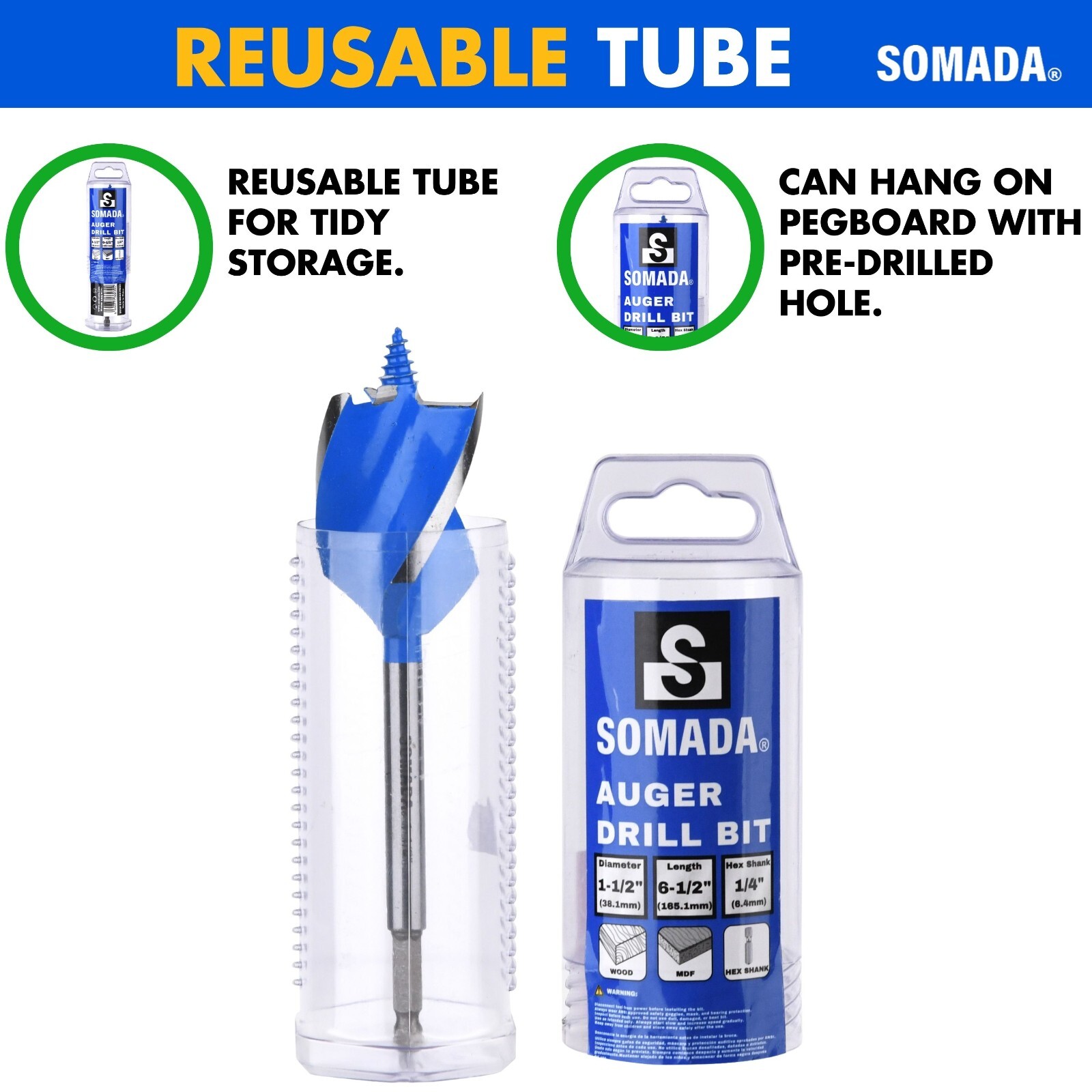 SOMADA 1-1/2-Inch x 6-1/2-Inch Auger Drill Bit for Wood, Hex Shank 1/4-Inch