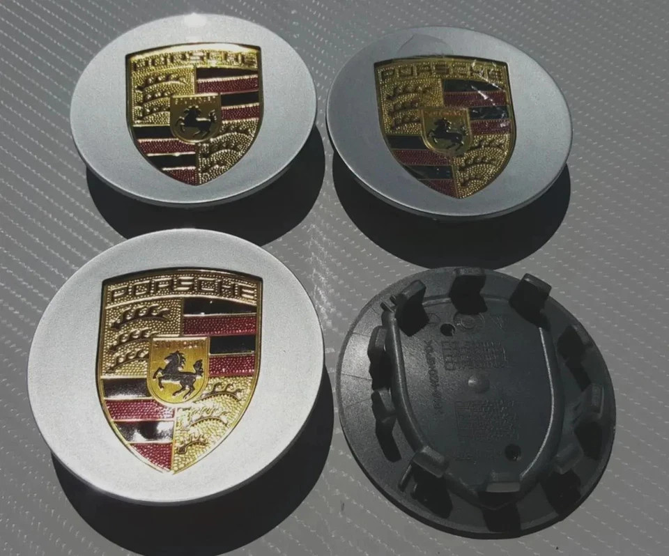 4 Porsche Silver Center Caps Concave 76mm Royal Crest 992 cayenne ,911, Carrera,