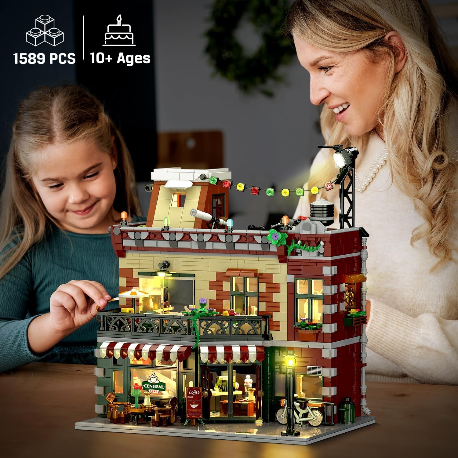 offee House Building Set with LED Light, 1589PCS City Cafe Shop Building Block