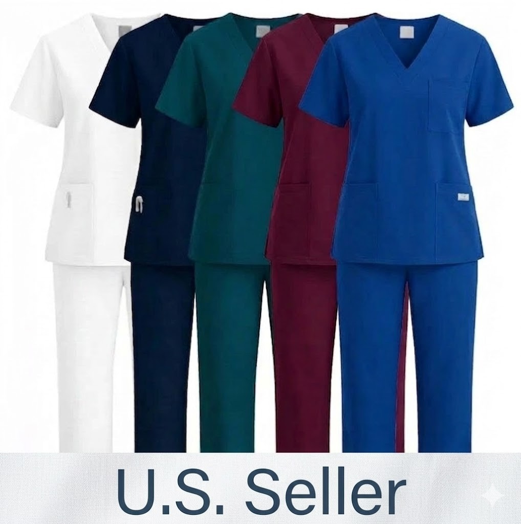 Women Medical Scrub Set V-Neck Top Straight Leg Pants Nurse Uniform S-XXL