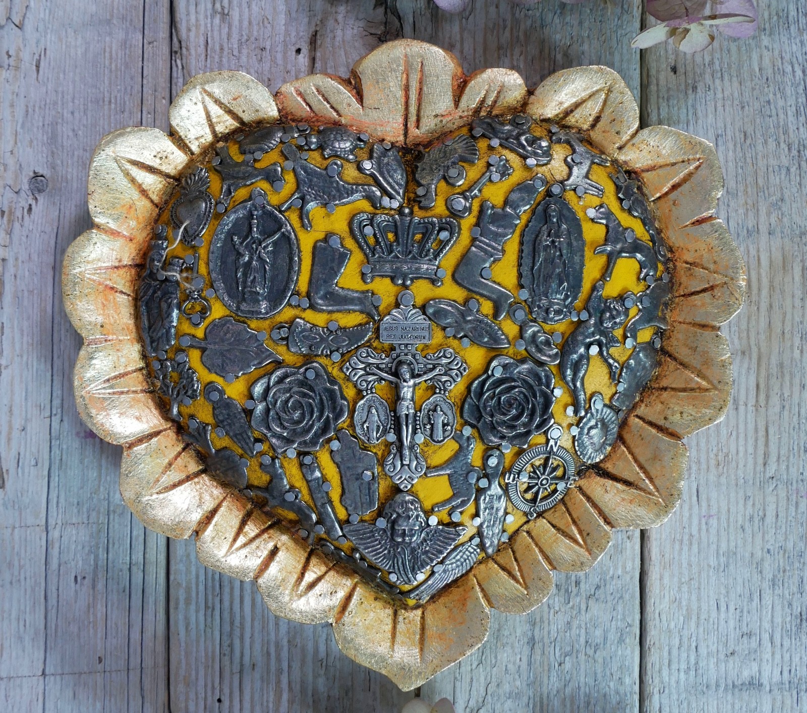 Heart With Gold Baby Feathers Milagros Wood Handmade Mexican Folk Art Love Token