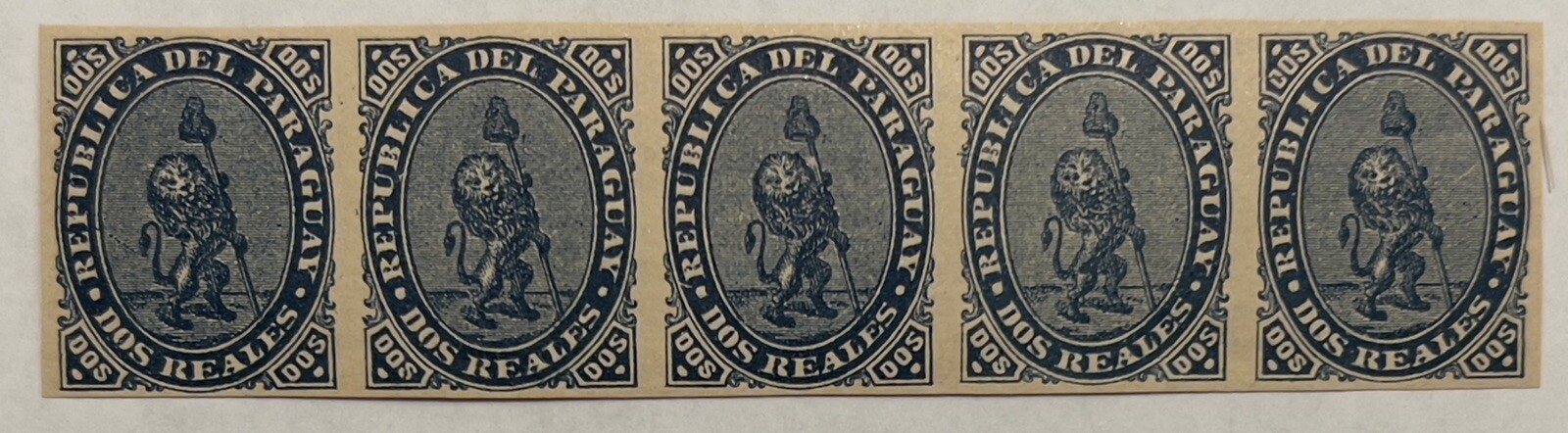 1870 PARAGUAY MINT MNH STRIP OF 5 STAMPS #2, COAT OF ARMS LION REPRINTS