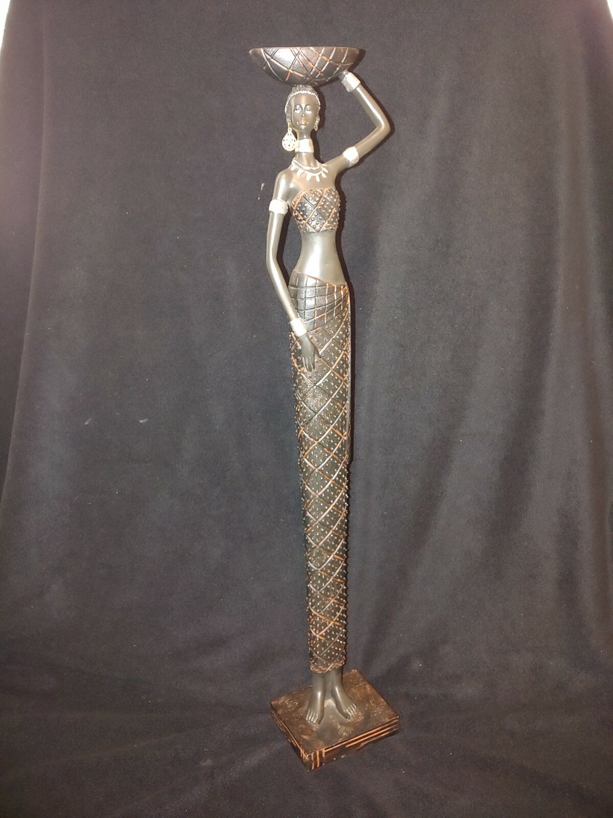 Tall African Tribal Woman Figurine Large Resin Statue Carrying Bowl 24"