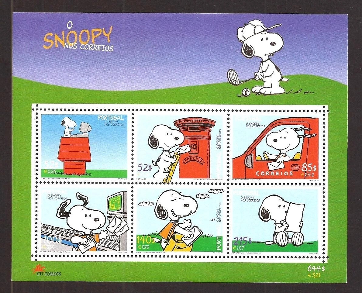 SNOOPY Sheetlet of 6 Mail & Letters Portugal Unused Postage Stamp MINT NH