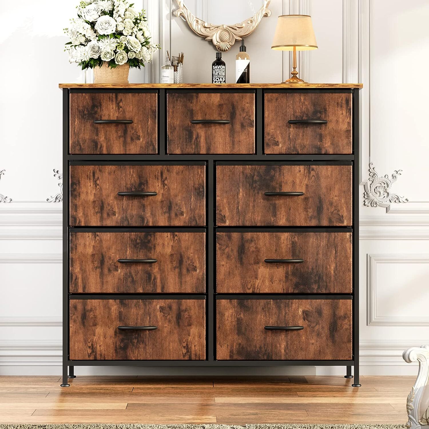 9 Storage Drawer Dresser for Bedroom Tall Wood Dresser with Fabric Storage Tower