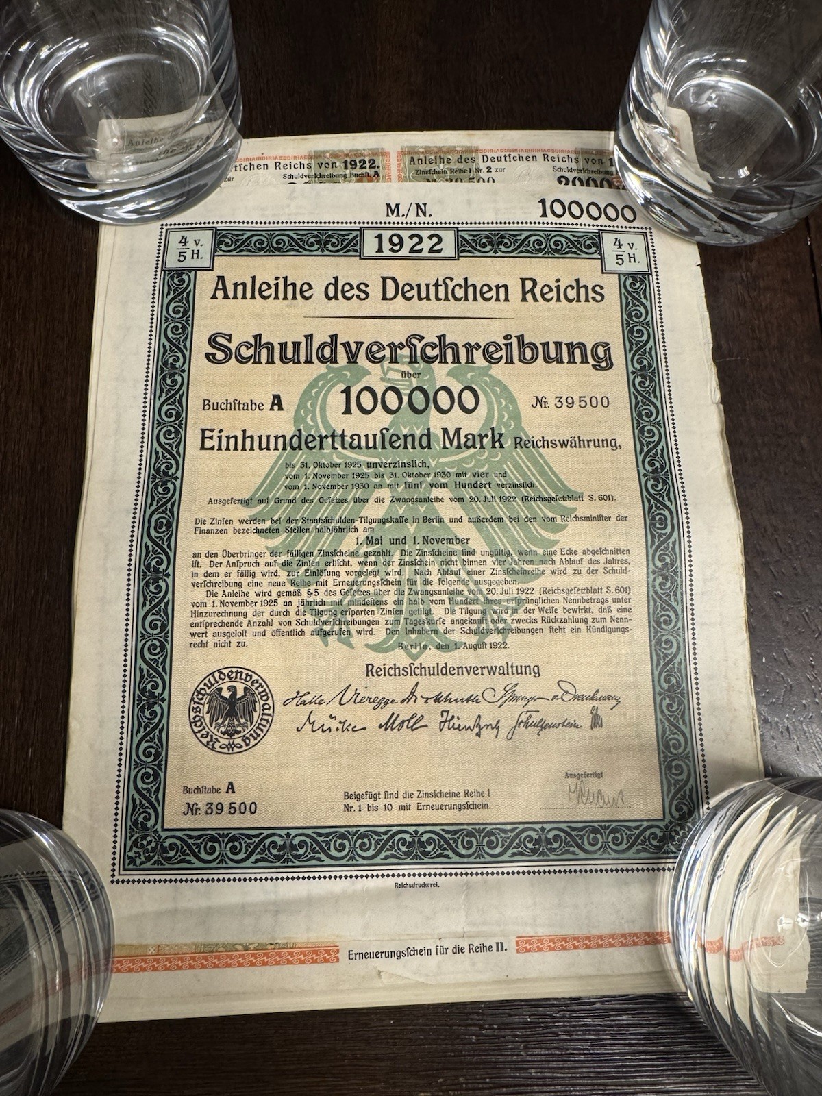 1922 German Bonds Coupons 19 Consecutive 100,000 Mark Uncancelled 100000 Bond
