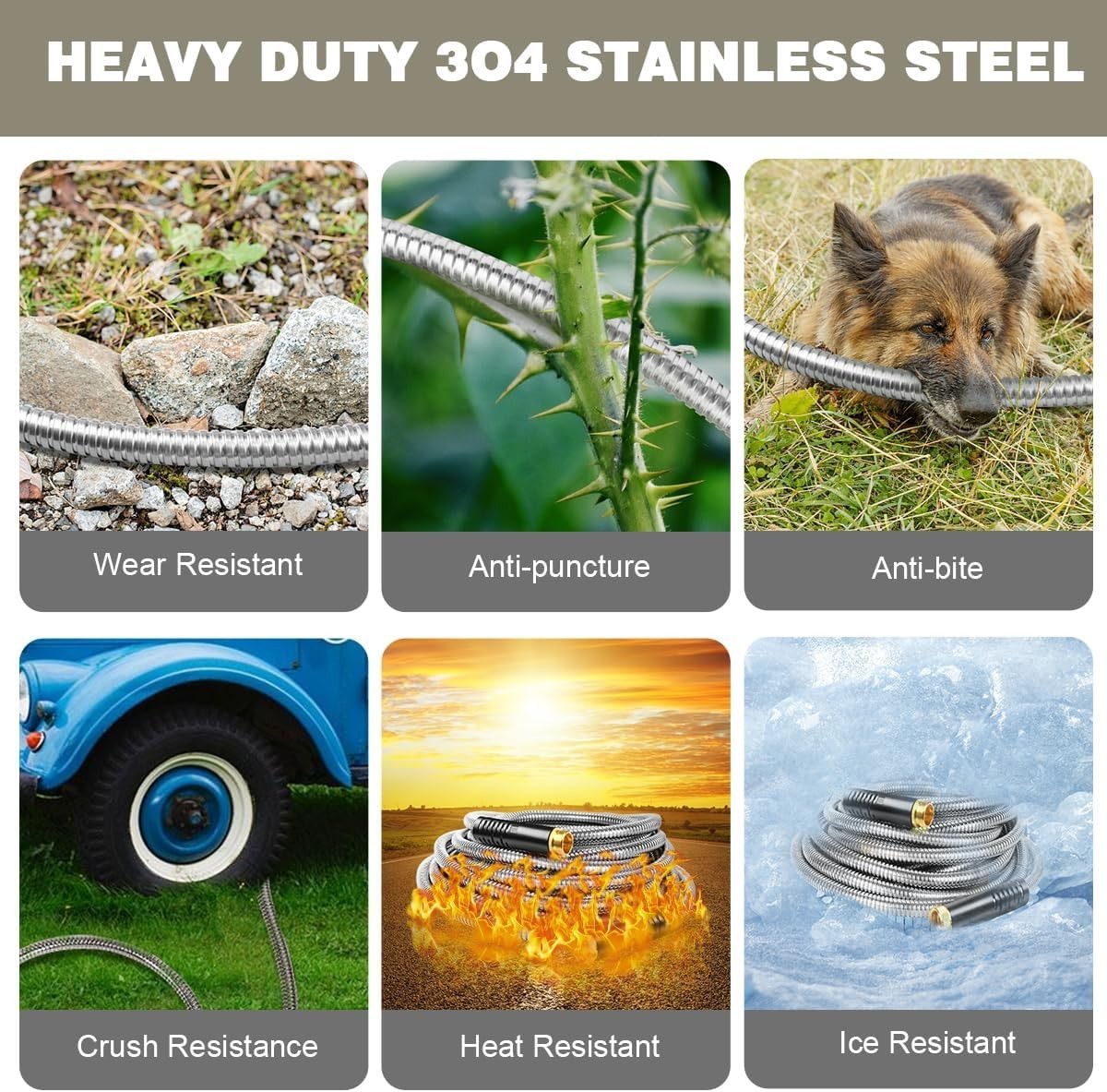 50ft 304 Stainless Steel Garden Hose Metal, Heavy Duty Water Pipe with Nozzle