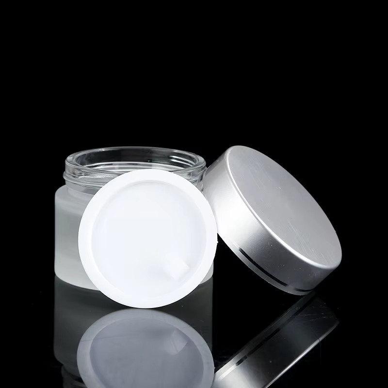 LOT of 3 Frosted Glass Cosmetic Jars Metal Lid Container DYI Creams Soap Candles