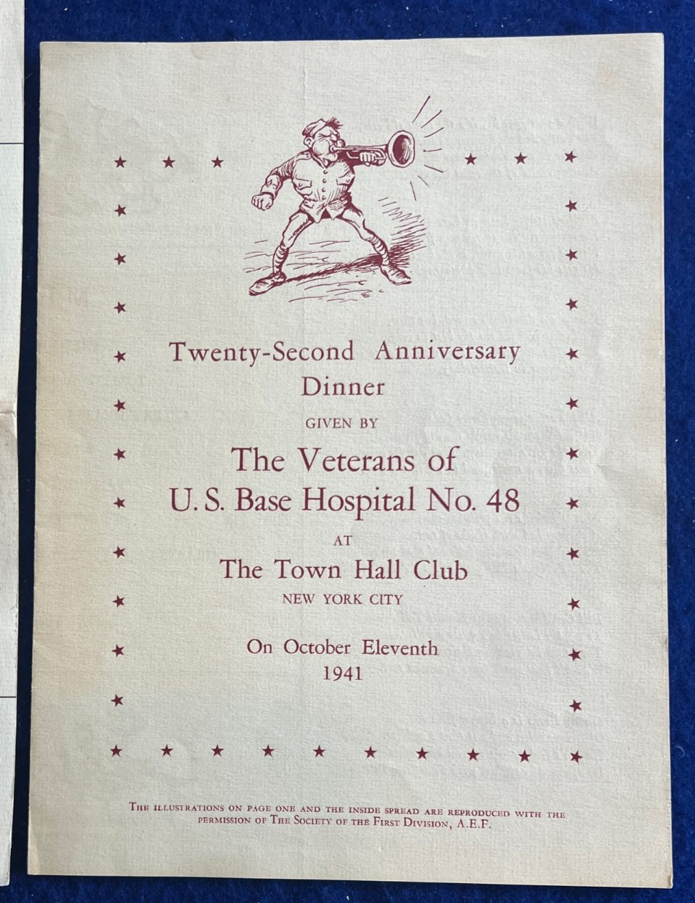 WWI AEF Base Hospital No. 48 France Veteran Reunion Menu Souvenir Cartoon WWII