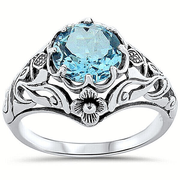"SCOTTISH THISTLE" GENUINE BLUE TOPAZ 925 SILVER NOUVEAU ANTIQUE STYLE RING 217X