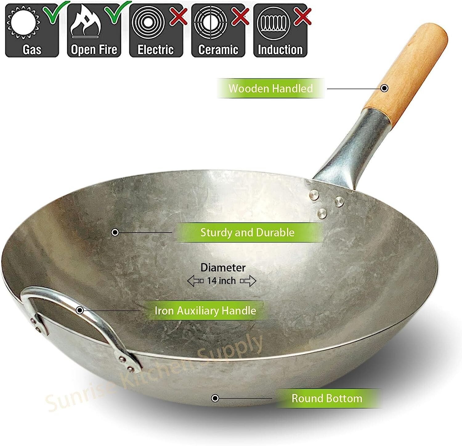 1.8 mm Thickness Heavy Duty Hand Hammered Carbon Steel Wok 14 inch, Round Bottom