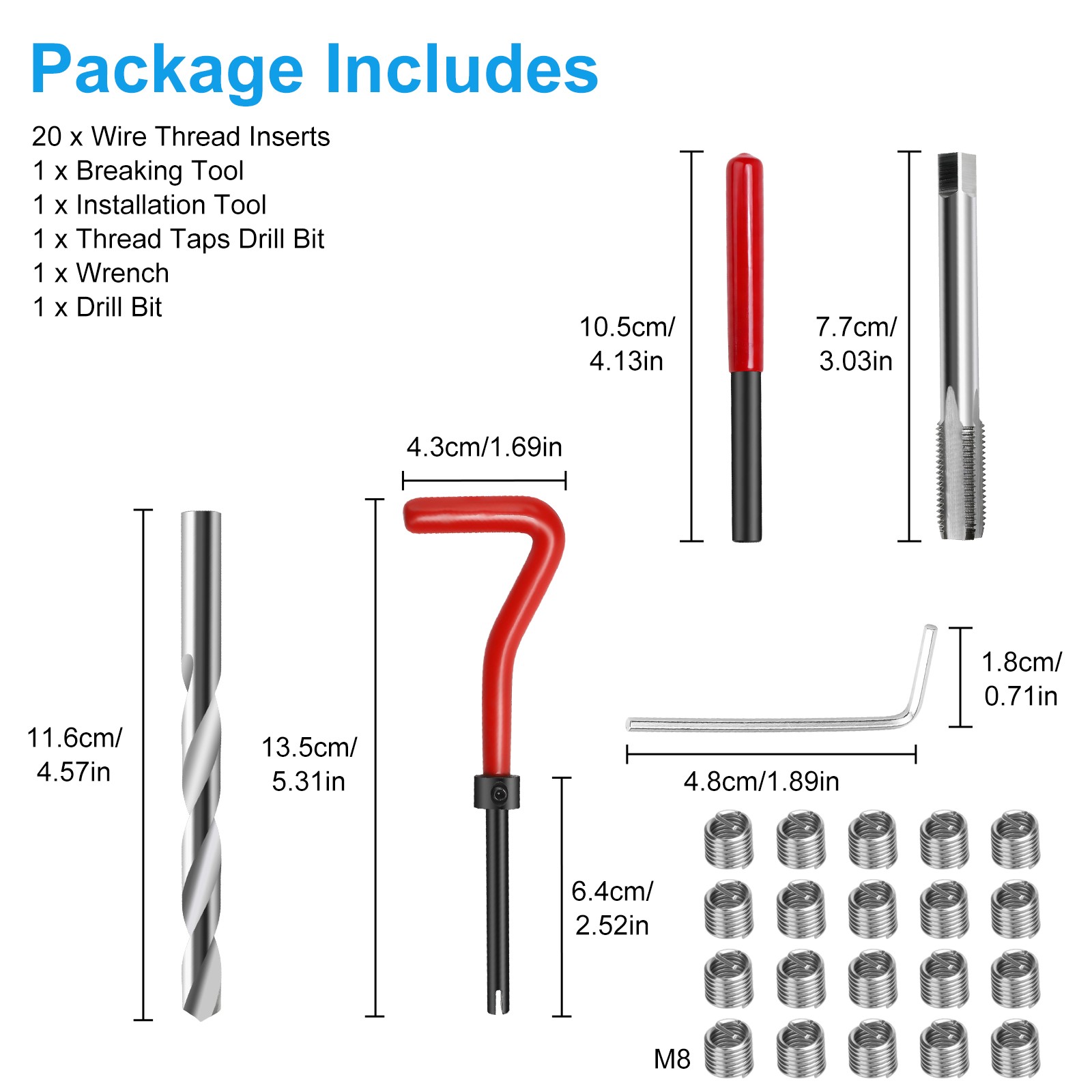 25PCS M8 x 1.25 Thread Repair Kit Stainless Steel Helicoil Insert Set w/ HSS Tap