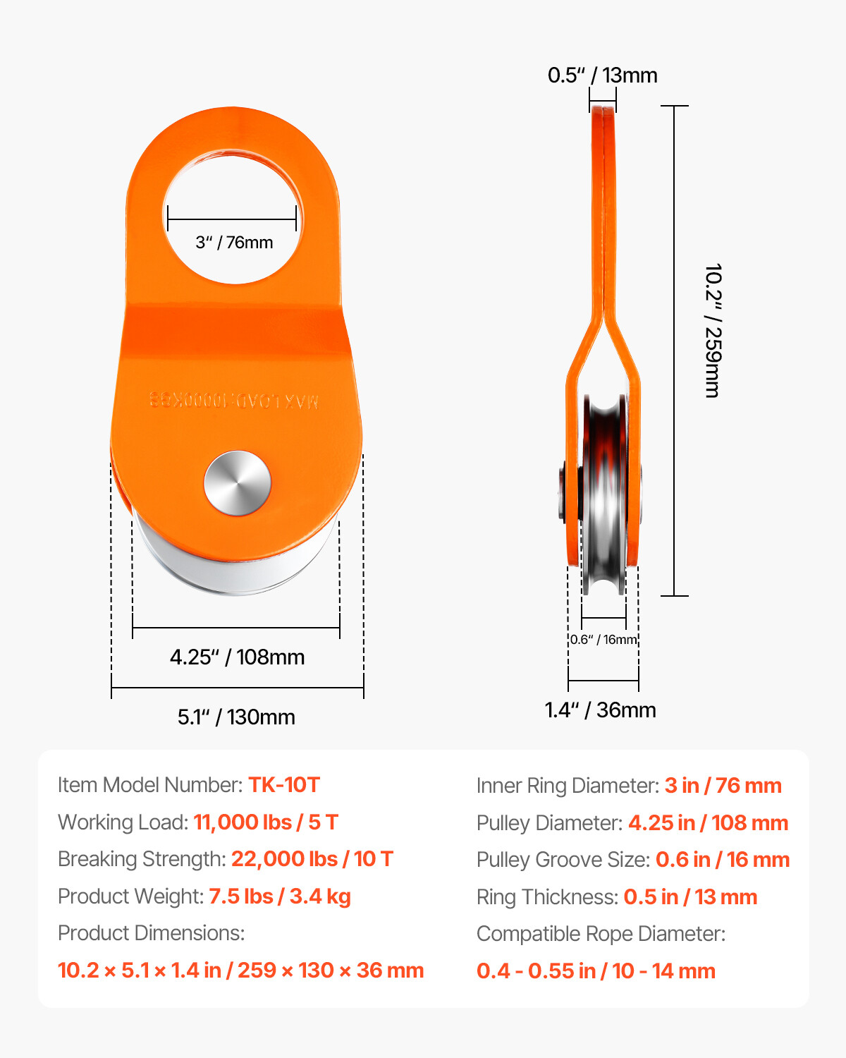 10 Ton Heavy Duty Winch Snatch Block 22,000 lbs Off Road Recovery Truck ATV UTV