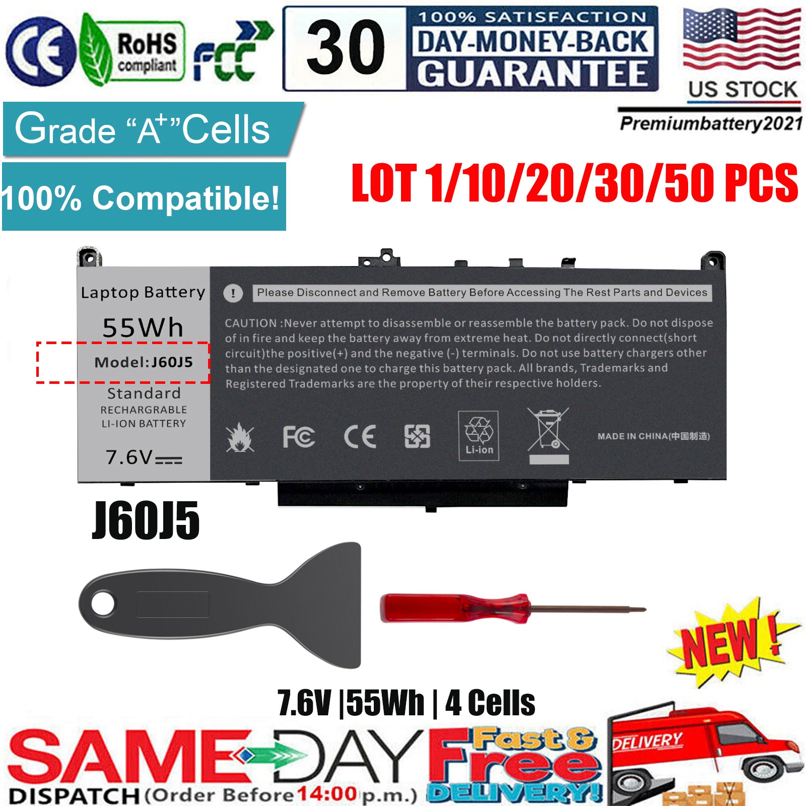 Lot 1/50 J60J5 Battery For Dell Latitude E7270 E7470 MC34Y 242WD 451-BBSY 55Wh