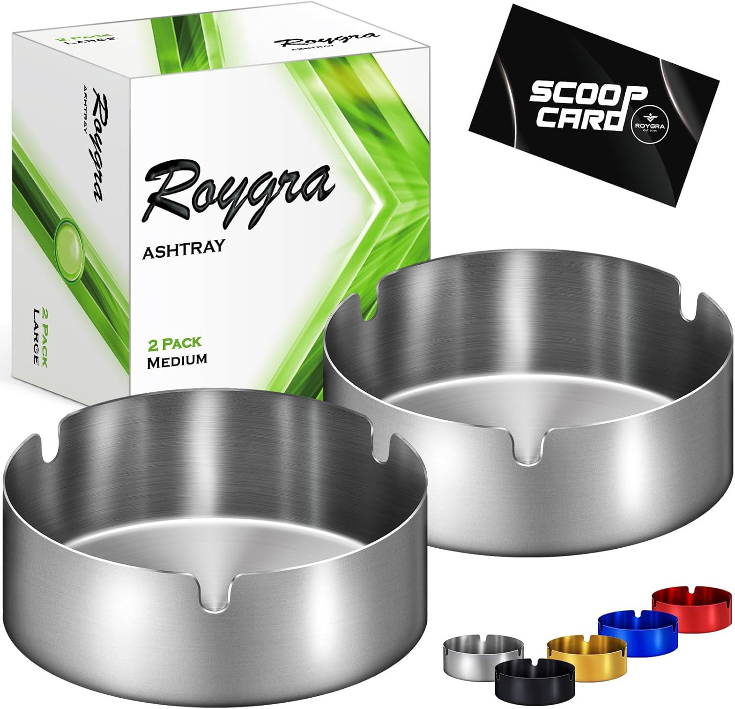 Roygra Ashtray 2 Pack, Stainless Steel Ash Tray for Indoor or Outdoor Use, Unbre