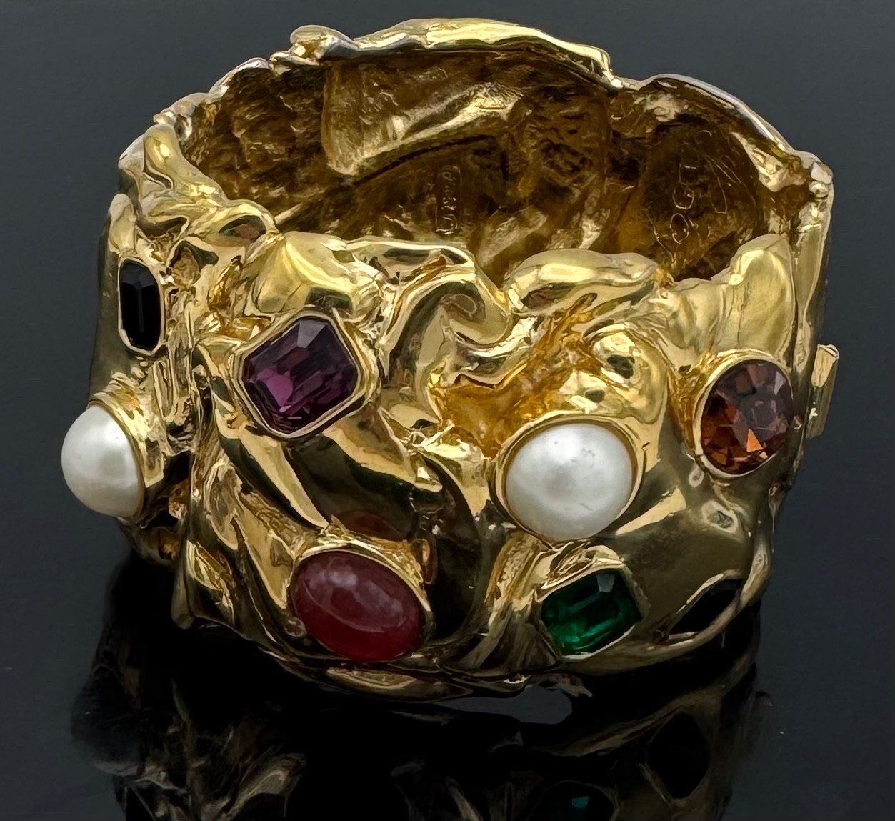 Vintage Ciner Mogul Gold Tone Pearl Gemstone Heavy Clamper Statement Bracelet