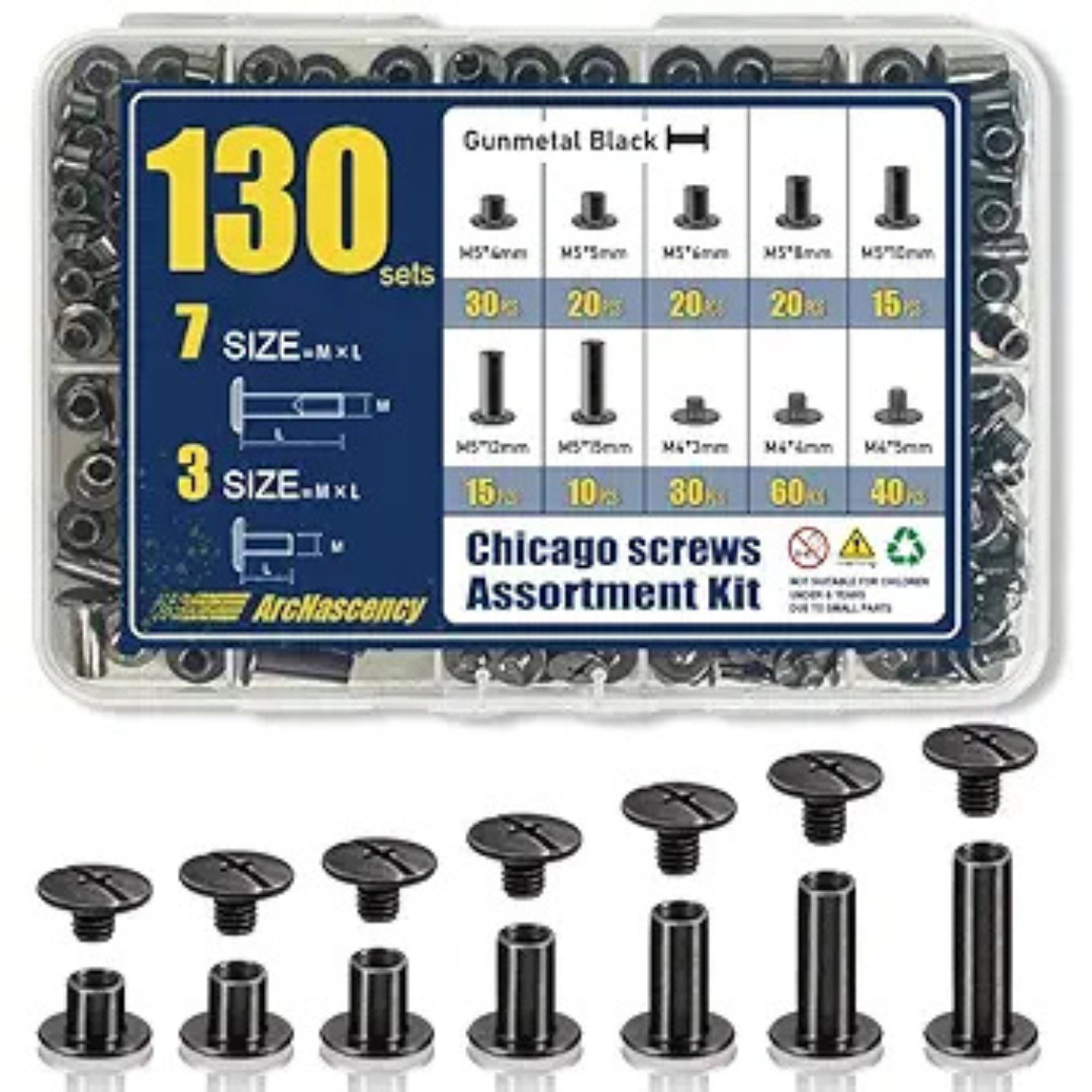 130 Sets Black Chicago Screws Kit M4 M5 Binding Rivets for Leather Belt Book DIY