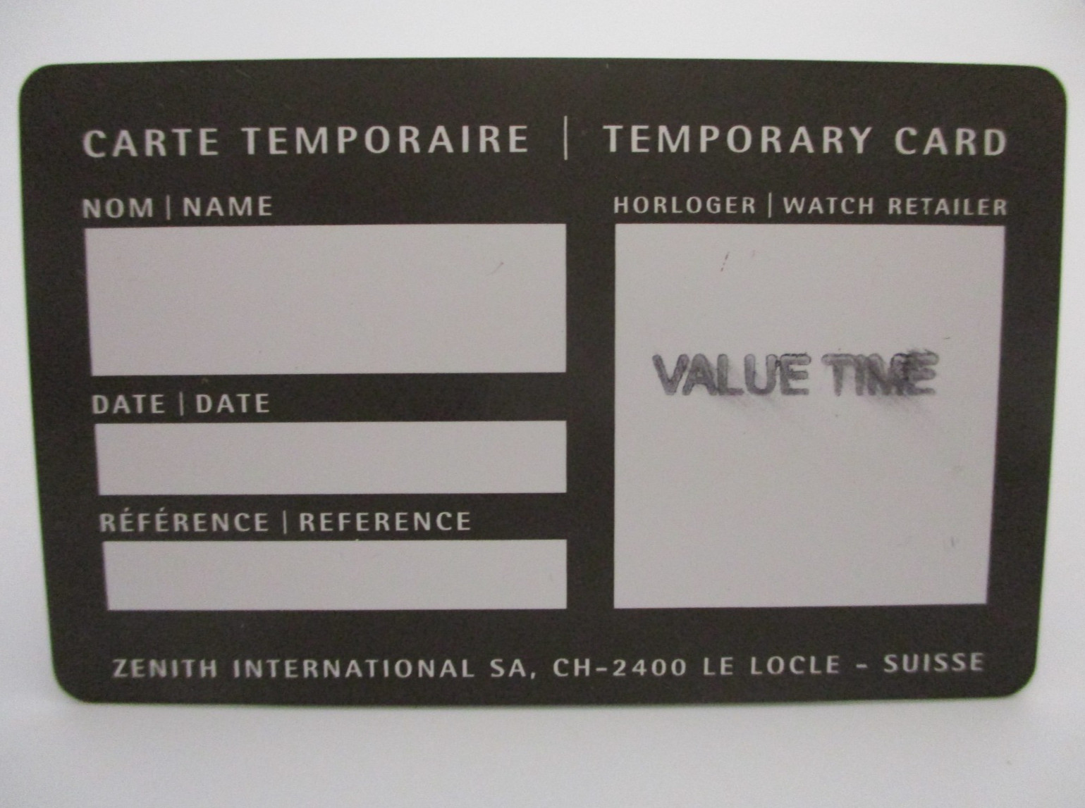 ZENITH Retailer-Stamped Temporary International Swiss Watch Warrante Card