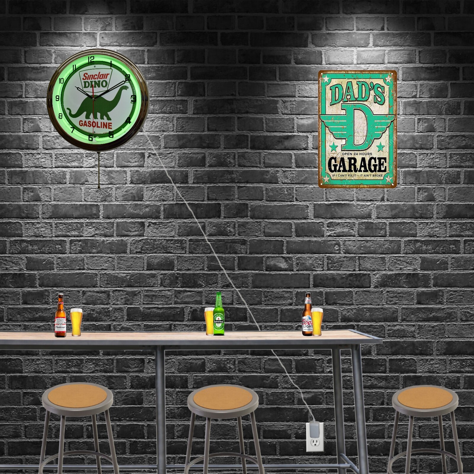 16" Sinclair Dino Gasoline Neon Clock Man Cave Garage Decor (Green)