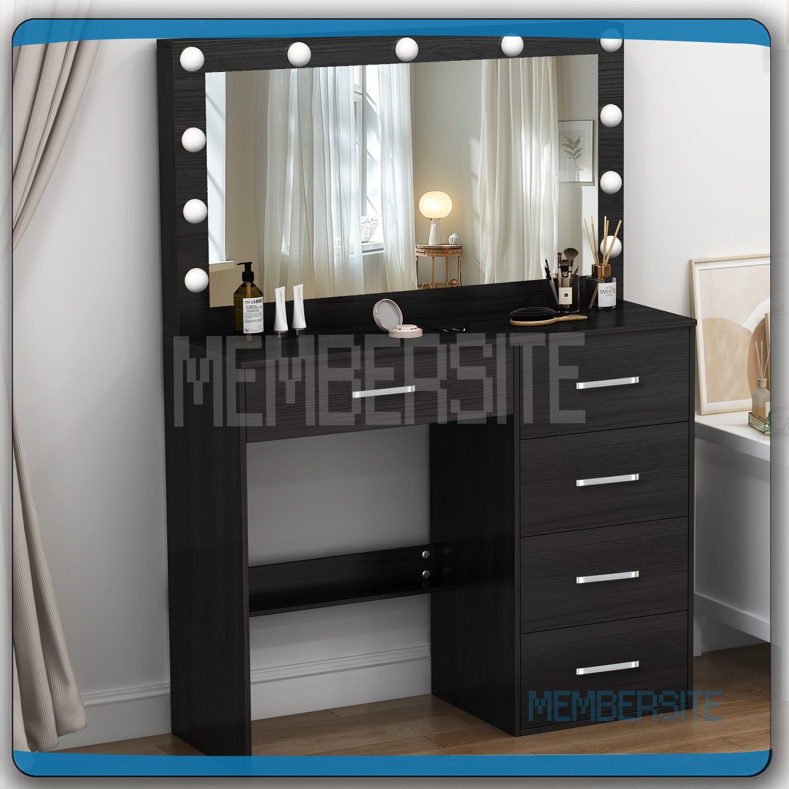 Black Vanity Desk w/Large Mirror &Built -in Hollywood Bulbs Makeup Dressing Desk
