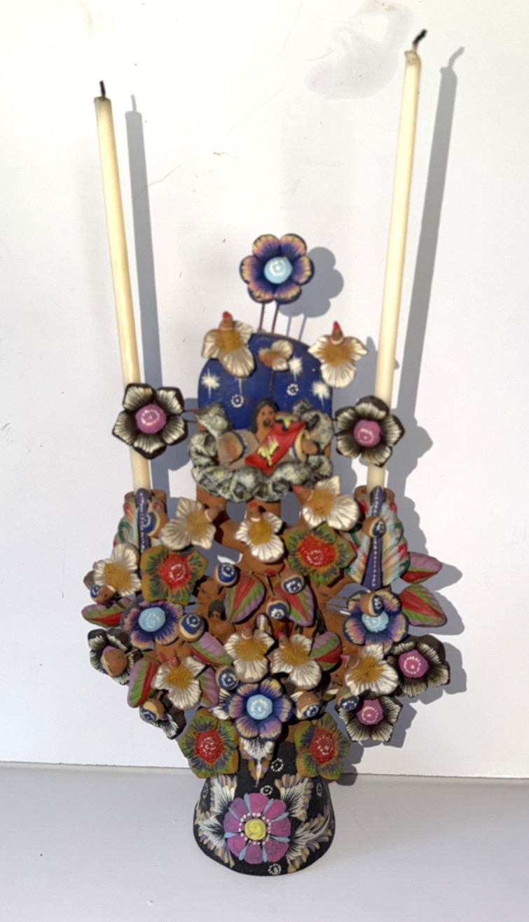 Mexican Clay TREE of LIFE Handmade Multi Color Folk Art Candelabra 12.5" Tall